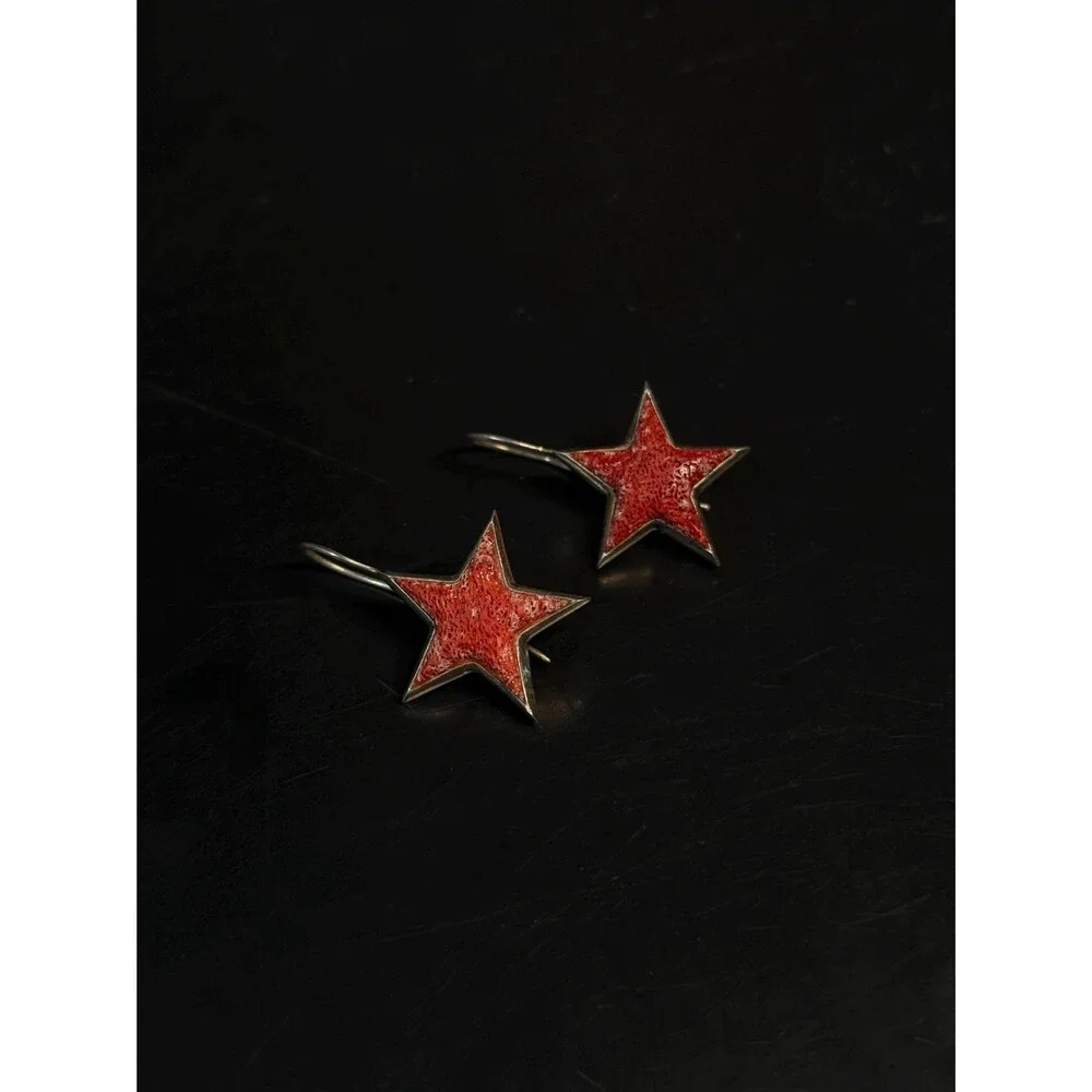 Vintage Devine 925 Sterling Silver Coral Star Dangle Earrings